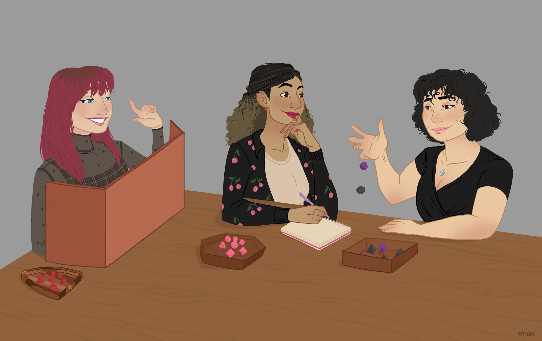 Illustration of the Dicescape team gathered around the gaming table, rolling dice and taking notes